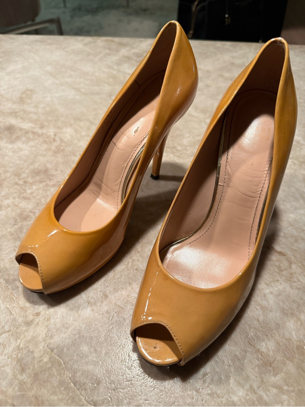 Stuart Weitzman Patent Peep-Toe Pump in Mustard Yellow
